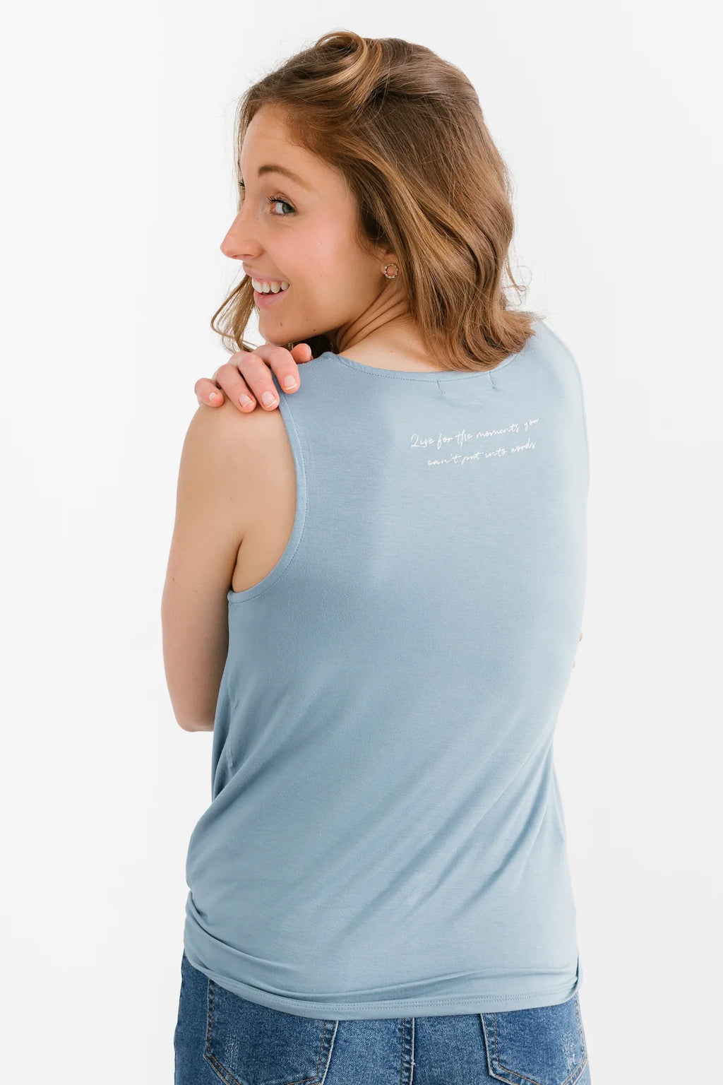 Live for the Moments you Can't put Into Words- Tie Tank Ocean Blue