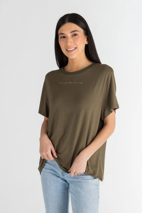Trust the Timing Box Tee- Evergreen